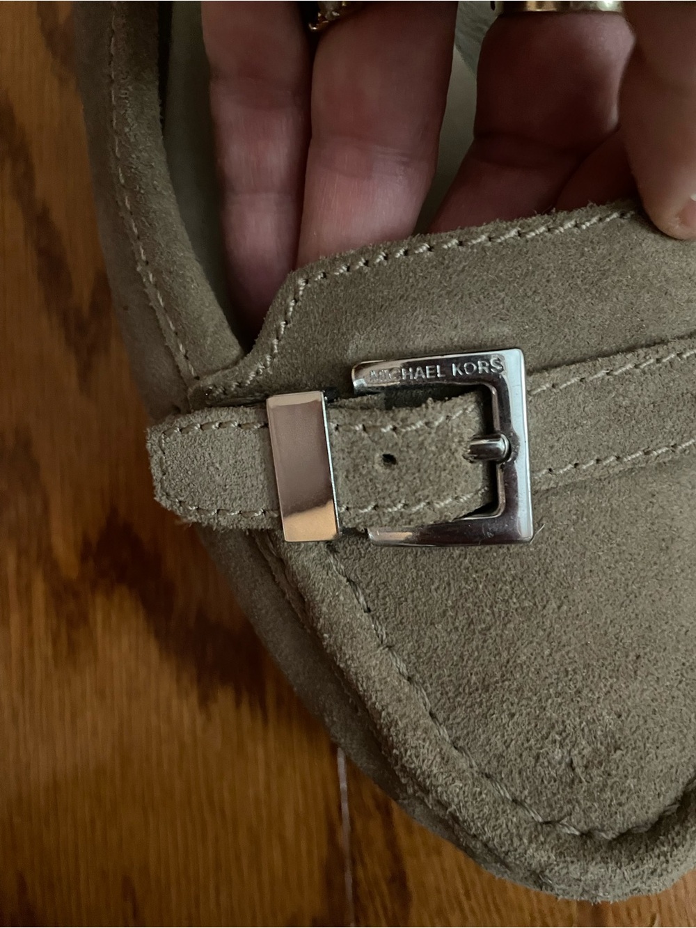 Michael Kors Taupe Suede Loafer with Silver Buckle Accent
